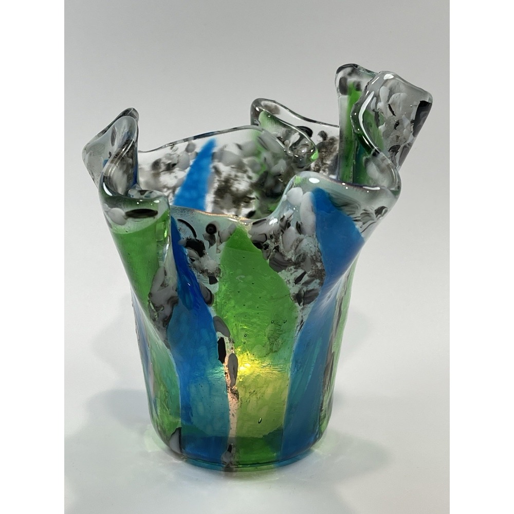 Fused Glass Vase Candleholder Tea light Unique Abstract Style Multicolored - Picture 3 of 5